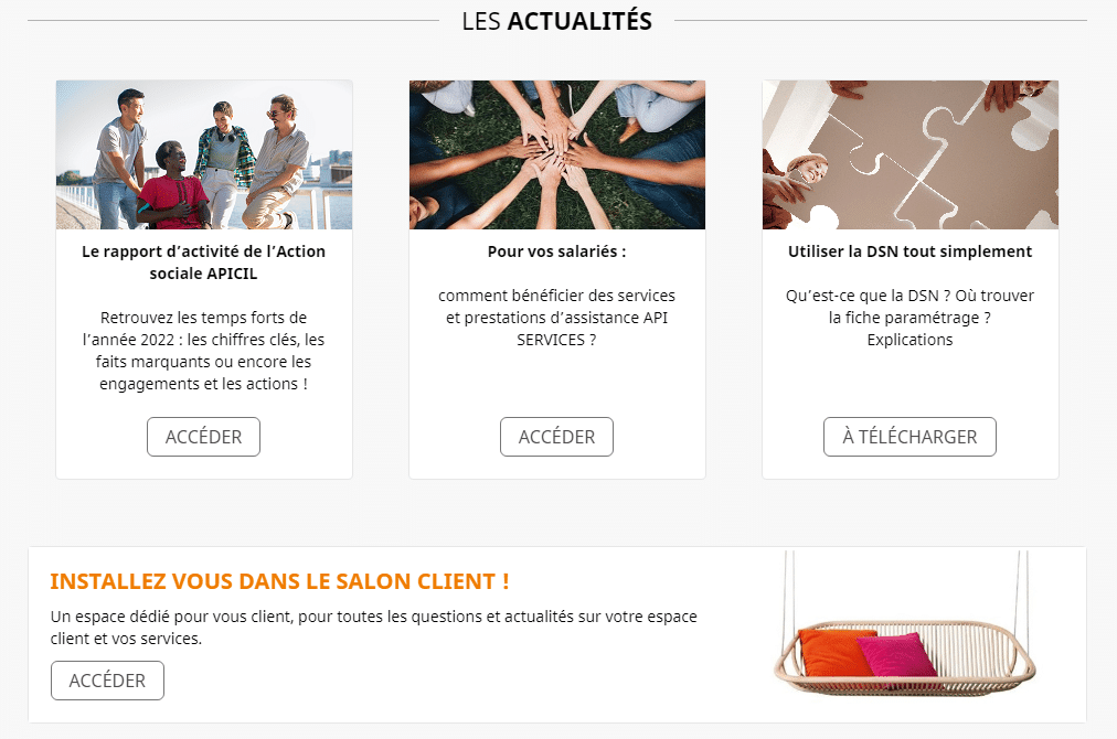 Capture d'écran des encarts " Actualités " et "salon client", présents sur la page d'accueil.