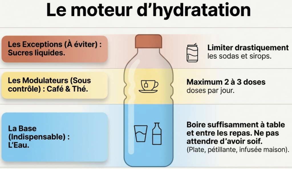 
Schéma d’un repas équilibré pour le déjeuner ou le dîner : une moitié de légumes, un quart de féculents, un quart de protéines, avec une portion de matière grasse, un produit laitier nature et/ou un fruit.
- l'anatomie d'un repas parfait
- les quotas indispensables au quotidien
- le moteur de l'hydratation

